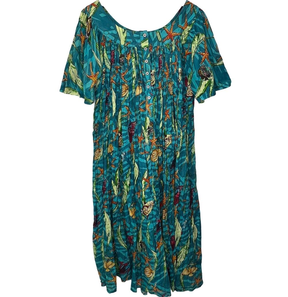 Vintage 90s Sita Muu Muu Dress Size S Turquoise Blue Ocean Starfish Short Sleeve